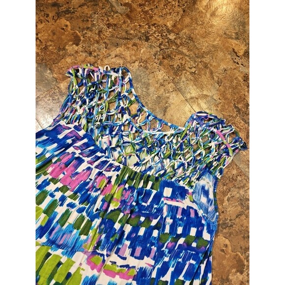 Plenty By Tracy Reese Blouse Blue Multicolor Geometric Knotted Small (A132) - Picture 3 of 6